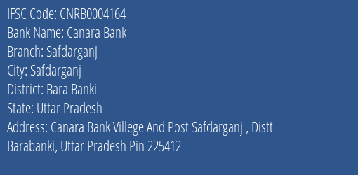 Canara Bank Safdarganj Branch Bara Banki IFSC Code CNRB0004164