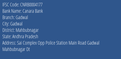Canara Bank Gadwal Branch Mahbubnagar IFSC Code CNRB0004177