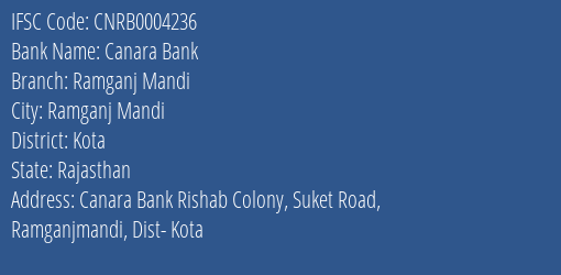 Canara Bank Ramganj Mandi Branch Kota IFSC Code CNRB0004236