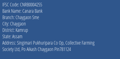 Canara Bank Chaygaon Sme Branch Kamrup IFSC Code CNRB0004255