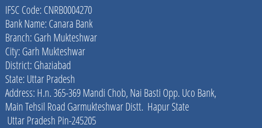 Canara Bank Garh Mukteshwar Branch Ghaziabad IFSC Code CNRB0004270