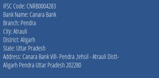 Canara Bank Pendra Branch Aligarh IFSC Code CNRB0004283