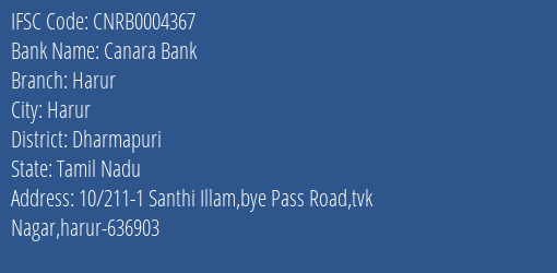 Canara Bank Harur Branch Dharmapuri IFSC Code CNRB0004367
