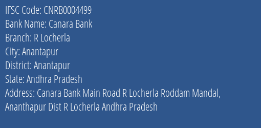 Canara Bank R Locherla Branch, Branch Code 004499 & IFSC Code CNRB0004499