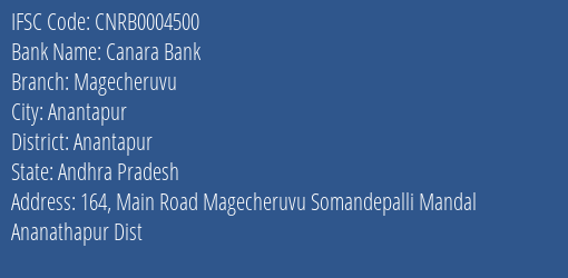 Canara Bank Magecheruvu Branch, Branch Code 004500 & IFSC Code CNRB0004500