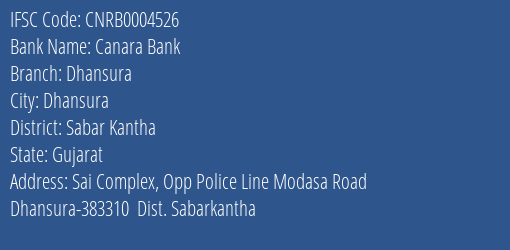 Canara Bank Dhansura Branch Sabar Kantha IFSC Code CNRB0004526
