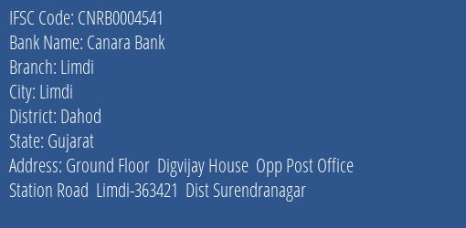 Canara Bank Limdi Branch Dahod IFSC Code CNRB0004541