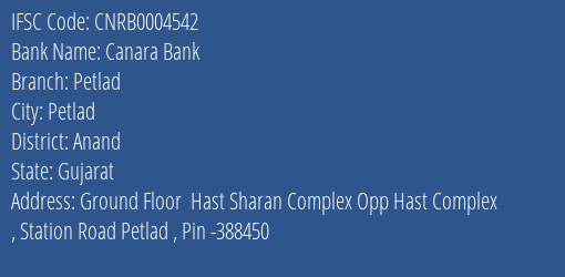 Canara Bank Petlad Branch IFSC Code