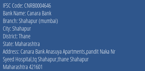 Canara Bank Shahapur Mumbai Branch Thane IFSC Code CNRB0004646