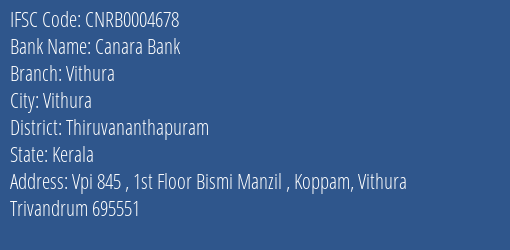 Canara Bank Vithura Branch, Branch Code 004678 & IFSC Code CNRB0004678