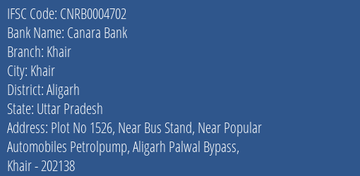 Canara Bank Khair Branch Aligarh IFSC Code CNRB0004702