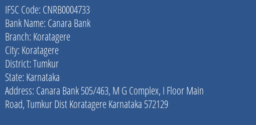 Canara Bank Koratagere Branch Tumkur IFSC Code CNRB0004733