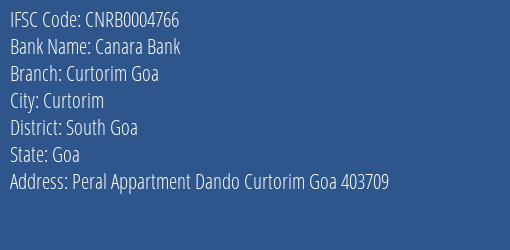Canara Bank Curtorim Goa Branch South Goa IFSC Code CNRB0004766