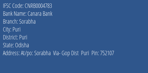Canara Bank Sorabha Branch Puri IFSC Code CNRB0004783