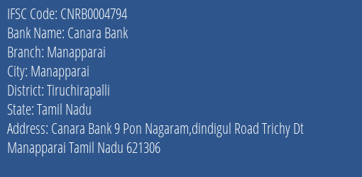 Canara Bank Manapparai Branch Tiruchirapalli IFSC Code CNRB0004794