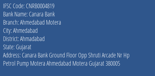 Canara Bank Ahmedabad Motera Branch Ahmadabad IFSC Code CNRB0004819