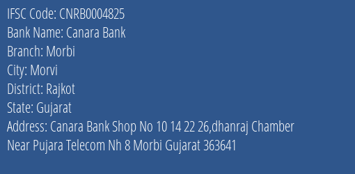 Canara Bank Morbi Branch Rajkot IFSC Code CNRB0004825