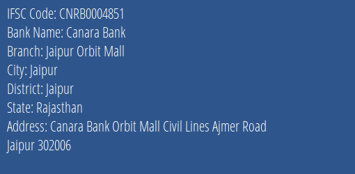 Canara Bank Jaipur Orbit Mall Branch Jaipur IFSC Code CNRB0004851