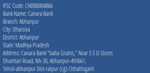 Canara Bank Abhanpur Branch Abhanpur IFSC Code CNRB0004866