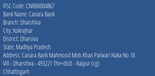 Canara Bank Dharshiva Branch Dharsiva IFSC Code CNRB0004867