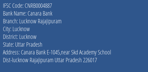 Canara Bank Lucknow Rajajipuram Branch, Branch Code 004887 & IFSC Code Cnrb0004887