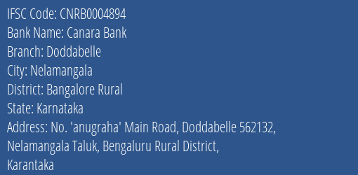 Canara Bank Doddabelle Branch Bangalore Rural IFSC Code CNRB0004894
