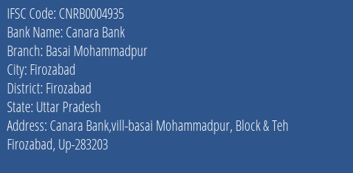 Canara Bank Basai Mohammadpur Branch Firozabad IFSC Code CNRB0004935