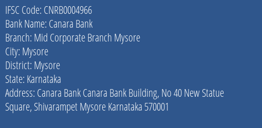 Canara Bank Mid Corporate Branch Mysore Branch Mysore IFSC Code CNRB0004966