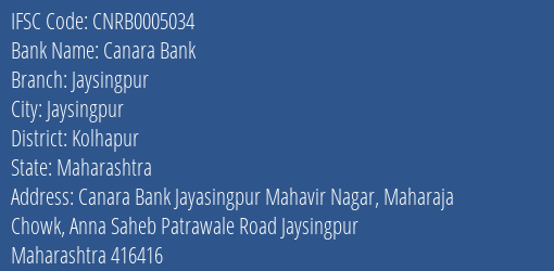 Canara Bank Jaysingpur Branch IFSC Code