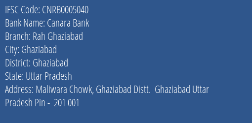 Canara Bank Rah Ghaziabad Branch, Branch Code 005040 & IFSC Code CNRB0005040