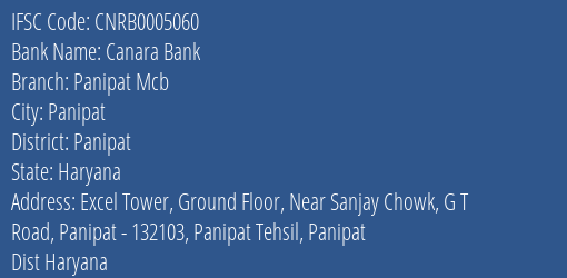Canara Bank Panipat Mcb Branch Panipat IFSC Code CNRB0005060