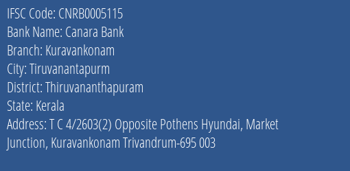 Canara Bank Kuravankonam Branch IFSC Code