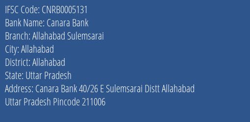 Canara Bank Allahabad Sulemsarai Branch Allahabad IFSC Code CNRB0005131