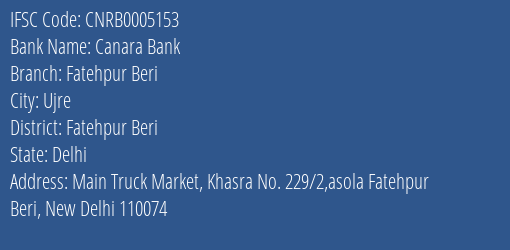 Canara Bank Fatehpur Beri Branch Fatehpur Beri IFSC Code CNRB0005153