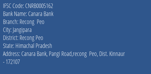 Canara Bank Recong Peo Branch Recong Peo IFSC Code CNRB0005162