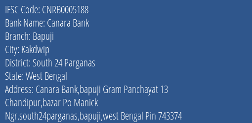 Canara Bank Bapuji Branch South 24 Parganas IFSC Code CNRB0005188