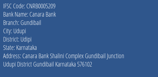 Canara Bank Gundibail Branch Udipi IFSC Code CNRB0005209