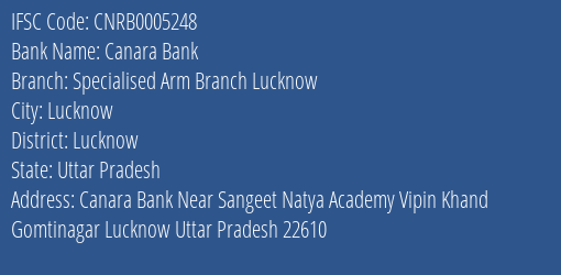 Canara Bank Specialised Arm Branch Lucknow Branch Lucknow IFSC Code CNRB0005248