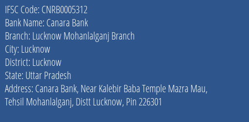Canara Bank Lucknow Mohanlalganj Branch Branch Lucknow IFSC Code CNRB0005312