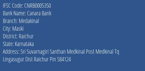 Canara Bank Medakinal Branch Raichur IFSC Code CNRB0005350