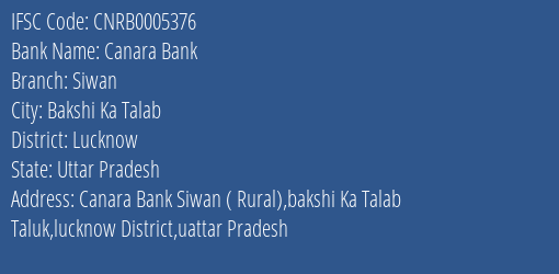 Canara Bank Siwan Branch Lucknow IFSC Code CNRB0005376