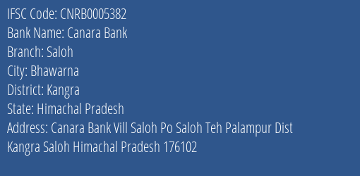 Canara Bank Saloh Branch Kangra IFSC Code CNRB0005382