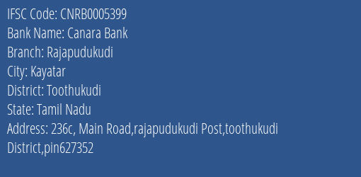 Canara Bank Rajapudukudi Branch Toothukudi IFSC Code CNRB0005399