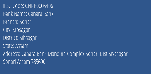 Canara Bank Sonari Branch Sibsagar IFSC Code CNRB0005406