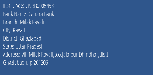 Canara Bank Milak Ravali Branch Ghaziabad IFSC Code CNRB0005458