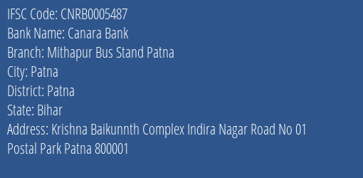 Canara Bank Mithapur Bus Stand Patna Branch Patna IFSC Code CNRB0005487