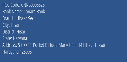 Canara Bank Hissar Sec Branch Hisar IFSC Code CNRB0005525