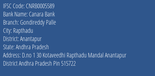 Canara Bank Gondireddy Palle Branch, Branch Code 005589 & IFSC Code CNRB0005589