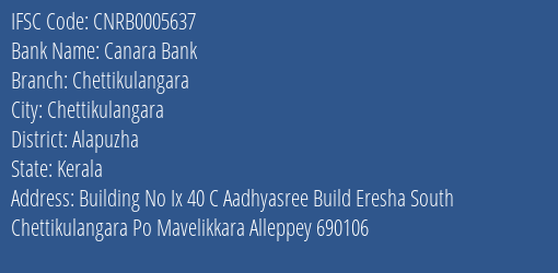 Canara Bank Chettikulangara Branch Alapuzha IFSC Code CNRB0005637