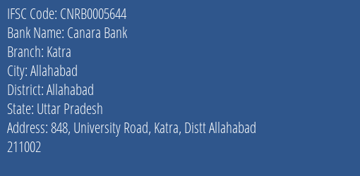 Canara Bank Katra Branch Allahabad IFSC Code CNRB0005644